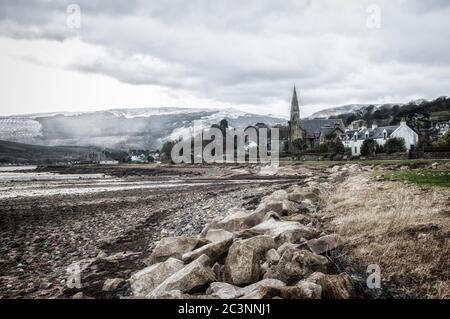 A landscape view of the village of Lamlash on the Isle of Arran in midwinter. Stock Photo