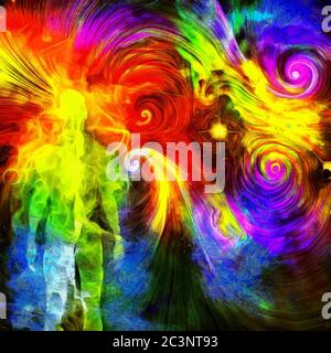 Surreal oil painting. Human's spirit in vivid colorful universe. Stock Photo