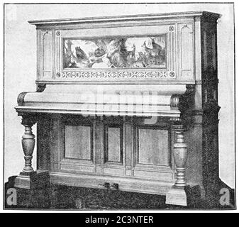 An upright pedal piano in Rococo style. Illustration of the 19th century. White background. Stock Photo