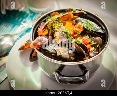 A pot of freshly cooked black sea mussels in Bulgaria Stock Photo