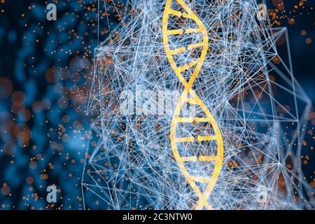 Glowing DNA with blue biotechnology lines background, 3d rendering ...