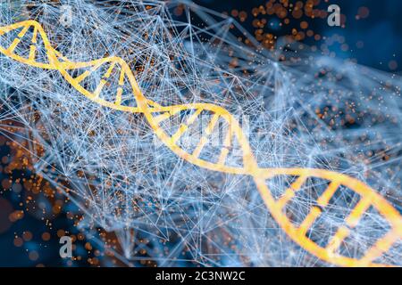 Glowing DNA with blue biotechnology lines background, 3d rendering ...