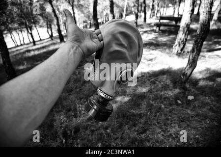 Gas mask for pandemic, covid and anthrax, bacteriological warfare Stock Photo