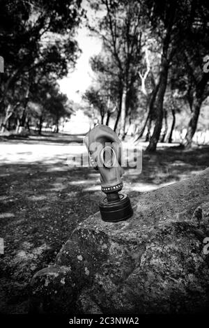 Gas mask for pandemic, covid and anthrax, bacteriological warfare Stock Photo