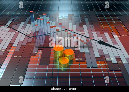The decrease of the economical data, business statistics, 3d rendering ...
