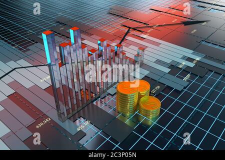 The decrease of the economical data, business statistics, 3d rendering ...