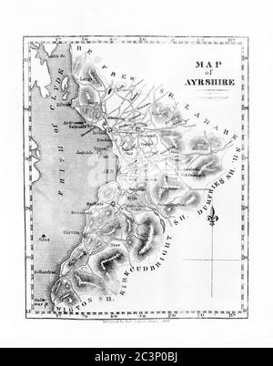 Historical map of Ayrshire, dated 1830, showing various major habitations and towns and the shore line with the Firth of Clyde, Ayrshire, Scotland, UK Stock Photo