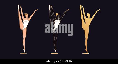 Golden ballerina woman in outline style. Set of silhouette, Ballet dancer stands on one leg, lifts up second leg and hands. Ballet posture and posing, Stock Vector