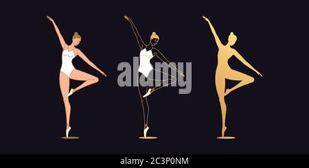 Golden ballerina woman in outline style. Set of silhouette, Ballet dancer stands on one leg, bends second leg and lifts up one hand. Ballet posture, p Stock Vector