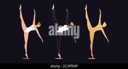 Golden ballerina woman in outline style. Set of silhouette, Ballet dancer stands on one leg, lift up second leg, tilts body, hands aside. Ballet postu Stock Vector