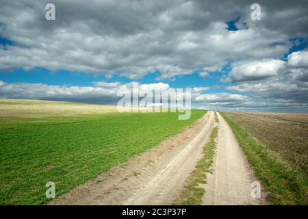 A dirt road through rural green fields on the hill and grey clouds on the blue sky, view in eastern Poland Stock Photo