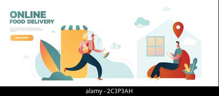 Shopping online and fast shipping while self quarantine in social distancing Coronavirus COVID-19 outbreak concept, agile delivery man run from smart Stock Vector