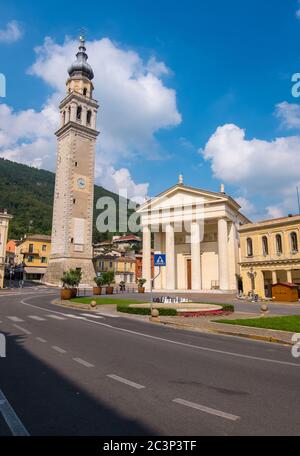 Valdobbiadene, Italy - August 11, 2019: The Santa Maria Assunta Cathedral in Piazza Guglielmo Marconi square of Valdobbiadene town in Treviso province Stock Photo