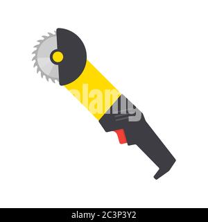Flat vector icon of circular saw with steel toothed disc. Electric hand tool for cutting wood or metal. Building equipment Stock Vector