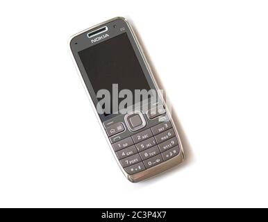 BERLIN - JUN 21: NOKIA E52, old used plastic mobile phone isolated on white background in Berlin on June 21. 2020 in Germany