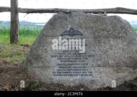 A memorial stone marking the spot near where Ft. Lt. Reginald Frank Rimmer was killed on active service 0n 27th September 1940. Stock Photo