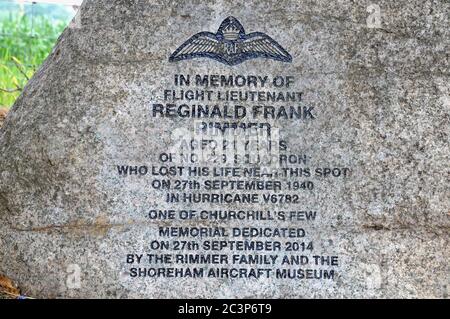 A memorial stone marking the spot near where Ft. Lt. Reginald Frank Rimmer was killed on active service 0n 27th September 1940. Stock Photo