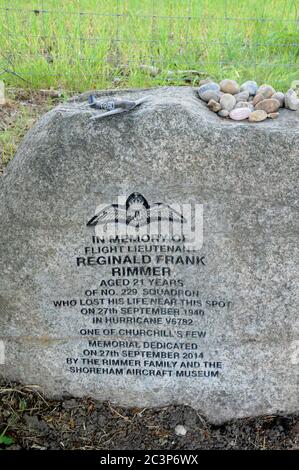 A memorial stone marking the spot near where Ft. Lt. Reginald Frank Rimmer was killed on active service 0n 27th September 1940. Stock Photo