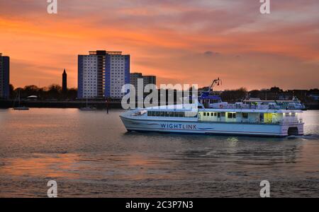 Wightlink catamaran ferry leaving Portsmouth for Ryde, Isle of Wight, Hampshire, England Stock Photo