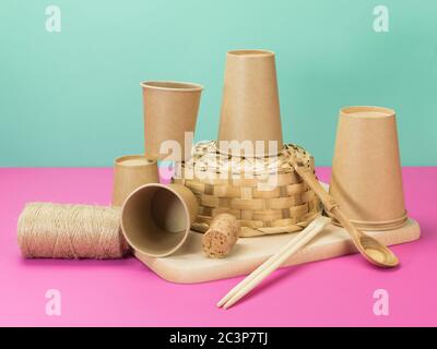 Environmental crockery and other household items from natural materials. Stock Photo