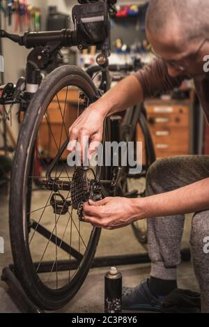 Road bicycle maintenance in service center. Stock Photo