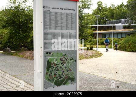 A view of a campus map and directory on the University of Victoria (UVic) campus in Victoria, British Coumbia, Canada on Vancouver Island. Stock Photo