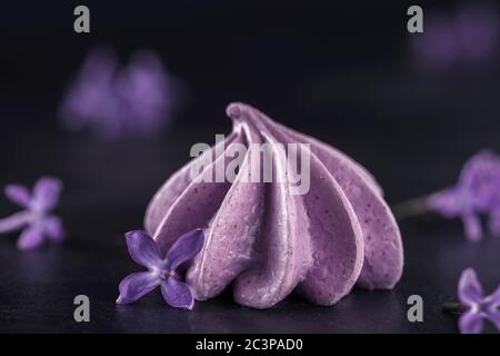 Purple meringue cookie decorated with lilac flowers on dark background. macro shot. low key. minimal concept Stock Photo