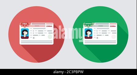 Chinese VISA and residence permit flat icons with long shadow Stock Vector