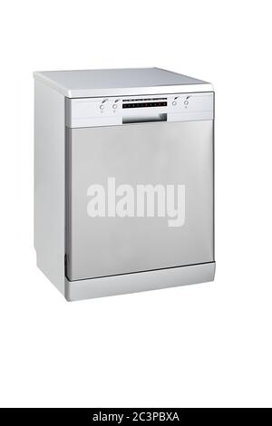 Vertical shot of a silver dishwashing machine isolated on a white background Stock Photo