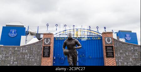 Dixie Dean statue in front of the Wall of Fame outside the home of Everton FC in England seen in June 2020. Stock Photo