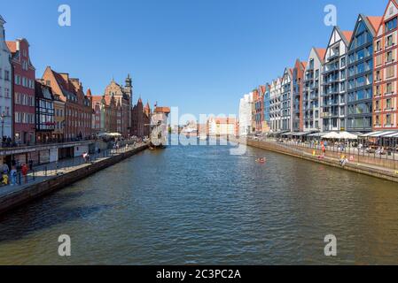 Gdansk, Poland - June 14, 2020: Famous view of the Motlawa river at the Granary Island in the city downtown Stock Photo