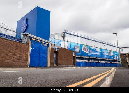 Looking up at the Bullens Road stand (home of Everton FC) seen from the road side in June 2020. Stock Photo