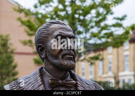 A statue of John Houlding seen facing his beloved Anfield stadium in Liverpool seen in June 2020.  He founded Liverpool FC in 1892 and this statue by