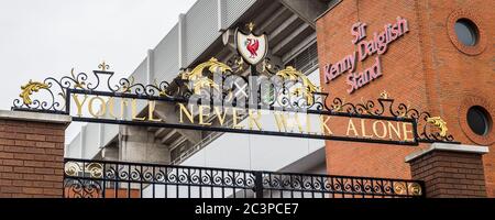 Shankly Gates at Anfield stadium in Liverpool (England) captured in June 2020.