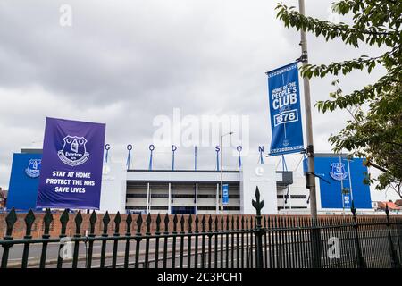 Goodison Park stadium (home of Everton FC) seen in June 2020 from the edge of Stanley Park.