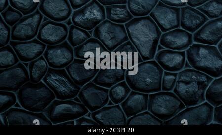 Dark cyan wall made of stone and cement. Mosaic of rocks used as tiles. Toned turquoise stone fence. Decorative texture from natural material Stock Photo