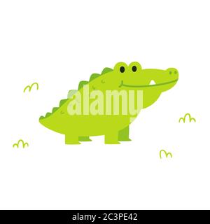 Cute cartoon chubby alligator or crocodile in simple flat cartoon style. Funny clip art illustration for kids. Isolated vector clip art drawing. Stock Vector