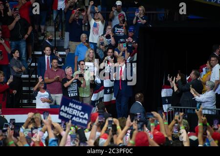TULSA, Oklahoma, USA.  - June 20, 2020: US President Donald J. Trump holds campaign rally in Bank of Oklahoma Center. Makes his grand enterance to the center as Trump Supporters cheer. Stock Photo