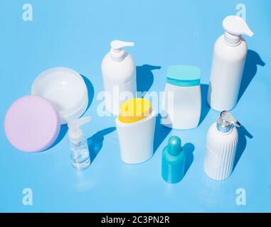 Beauty products on blue background Stock Photo