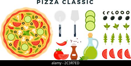 Classic Italian vegetarian pizza and all ingredients for cooking it. Make your pizza. Set of products and tools for pizza making. Vector illustration. Stock Vector