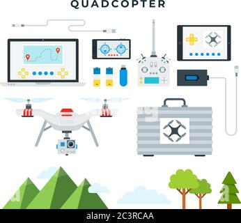 Quadcopter and all necessary accessories. Drone ready to fly, landscape elements, collection, isolated on white background. Vector illustration. Stock Vector
