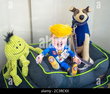 New York, USA,  18 June 2020.  A 'Donald dog toy' is on display with other dog toys at a pet shop in Manhattan. The toy, made of non-toxic materials, Stock Photo