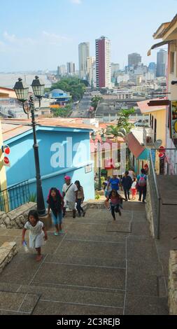 Guayaquil, Guayas / Ecuador - September 4 2016: People walking on the stairs in the neighborhood Las Penas in the downtown of the city. It is known fo Stock Photo