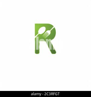 Initial / monogram r for restaurant green color logo. Spoon And Fork Symbol For Restaurant icon Stock Vector