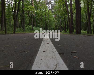 road marking. dividing line on the asphalt. lane for cars and bicycle sepidists. road safety idea. Stock Photo