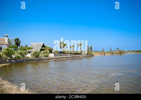 Landscape of rice fields near the lagoon of Valencia, Spain. Freshly planted rice fields. Stock Photo