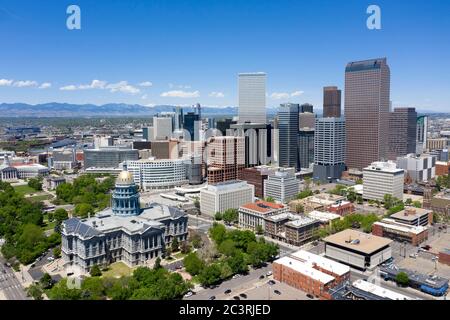 Aerial views of the Denver skyline and the Colorado State Capitol Stock Photo