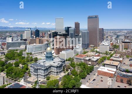 Aerial views of the Denver skyline and the Colorado State Capitol Stock Photo