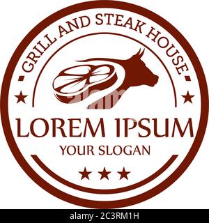 grill and Steak house Logo Badge Design. Retro Grill Restaurant Emblem. Steak Graphic Vector Illustration Stock Vector