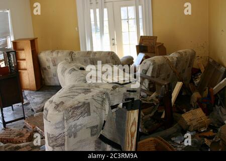 BILOXI, UNITED STATES - Sep 07, 2005: Furniture in living room destroyed by Hurricane Katrina. Stock Photo